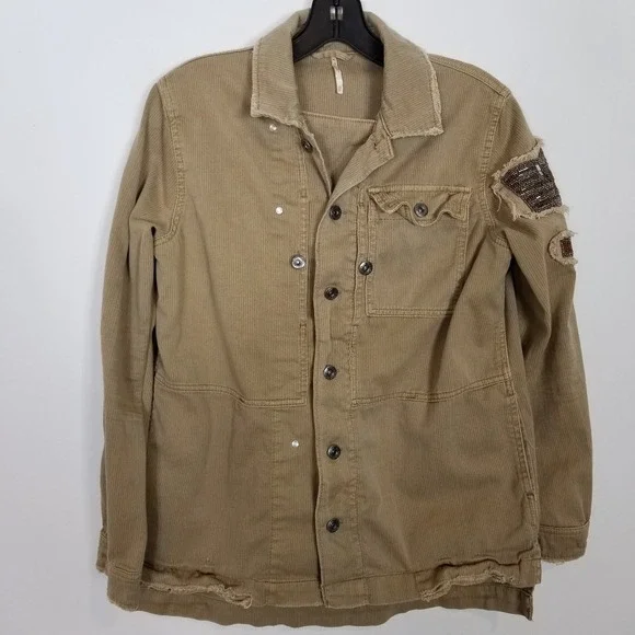 Free People Embellished Military Shirt Jacket Women Sz XS Beige Button Up Boho - Picture 2 of 13